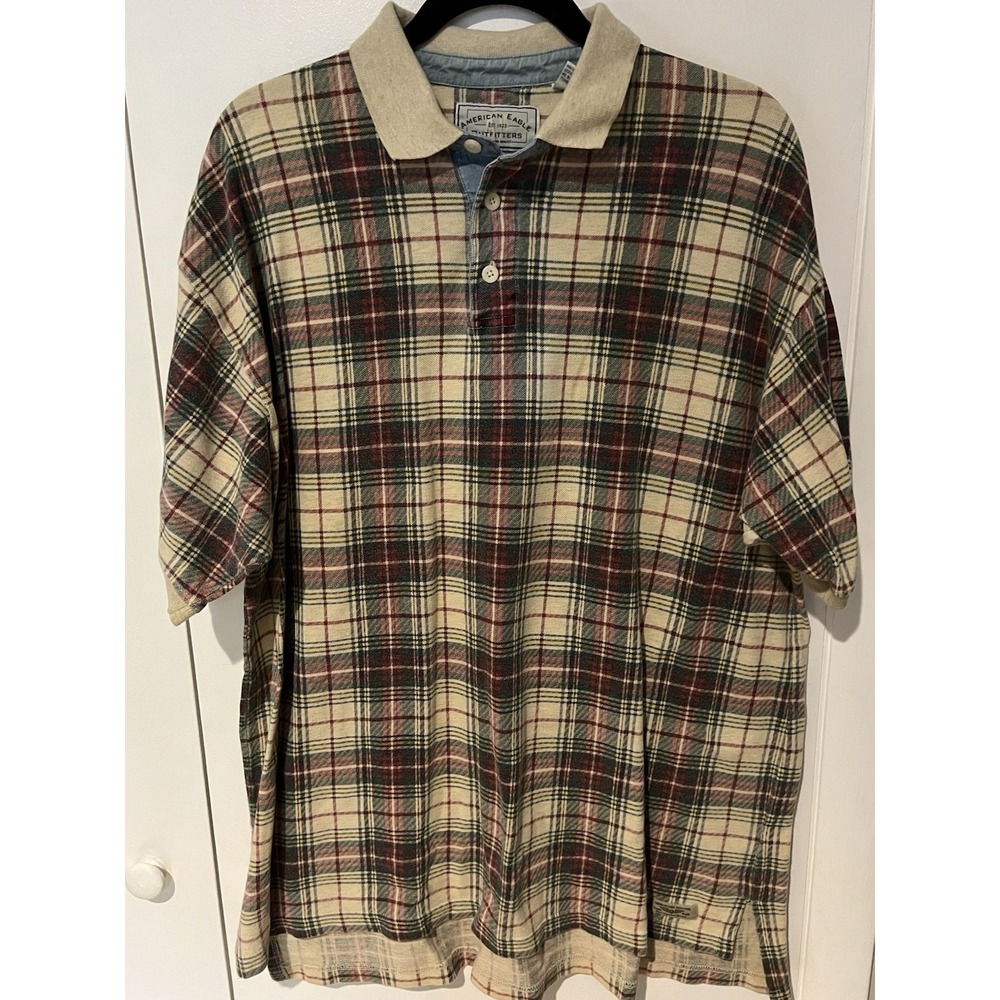 Vintage 90s American Eagle Polo Shirt Mens XL Faded Tartan Plaid Grunge Preppy